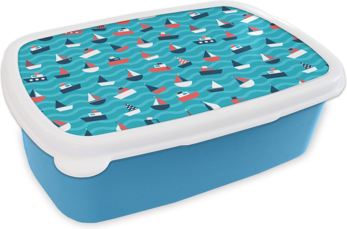 Broodtrommel Blauw - Lunchbox - Brooddoos - Boten - Zee - Patroon - 18x12x6 cm - Kinderen - Jongen
