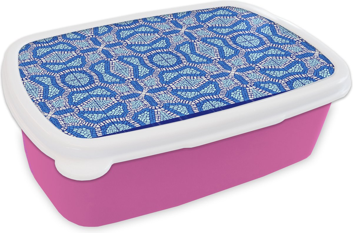 Broodtrommel Roze - Lunchbox - Brooddoos - Mozaïek - Blauw - Design - 18x12x6 cm - Kinderen - Meisje