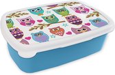 Broodtrommel Blauw - Lunchbox - Brooddoos - Design - Uilen - Dieren - 18x12x6 cm - Kinderen - Jongen