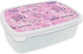 Broodtrommel Wit - Lunchbox - Brooddoos - Meisjes - Tiener - Roze - Quotes - Patronen - 18x12x6 cm - Volwassenen