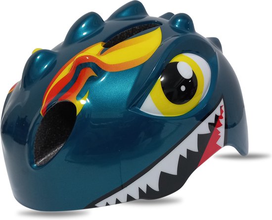 Groene kinderhelm met dinosaurusprint, vlammen en haaientanden.