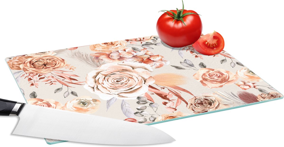 Glazen Snijplank - 28x20 - Rozen - Bloemen - Patroon - Snijplanken Glas