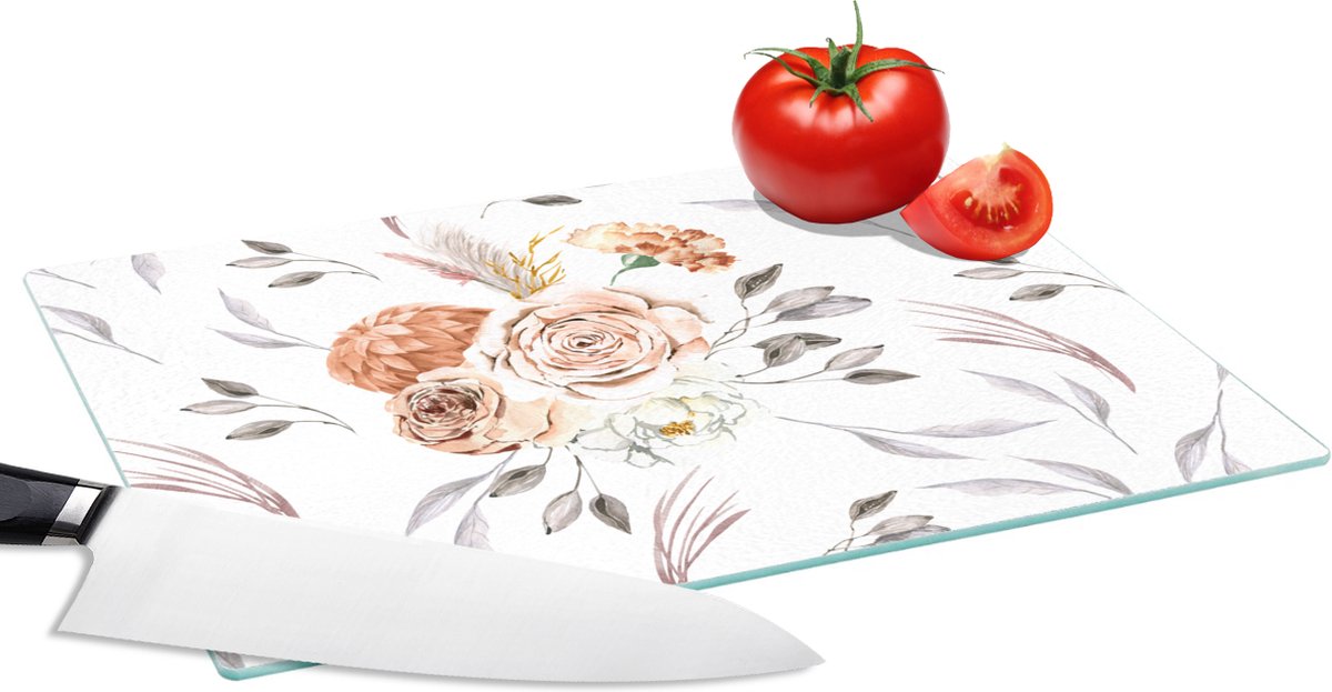Glazen Snijplank - 28x20 - Patronen - Bloemen - Roos - Wit - Snijplanken Glas