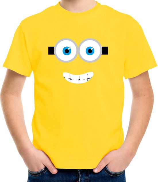 Lachend geel poppetje verkleed t-shirt geel voor kinderen - Carnaval fun shirt / kleding / kostuum 122/128