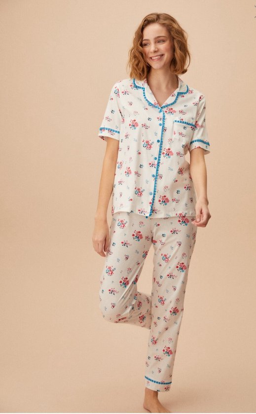 Suwen- Katoen Dames Pyjama Set - Homewear -Satijn Ecru Maat XL
