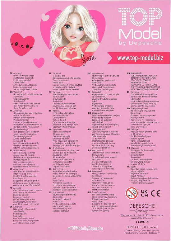 Emballage de jouet TOPModel avec des informations en plusieurs langues.