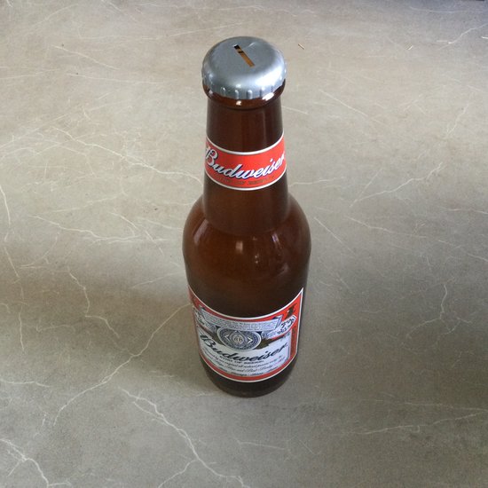 Foto: Bowling spaarpotfles budweiser spaarpot bruin 60 cm hoog herbruikbaar