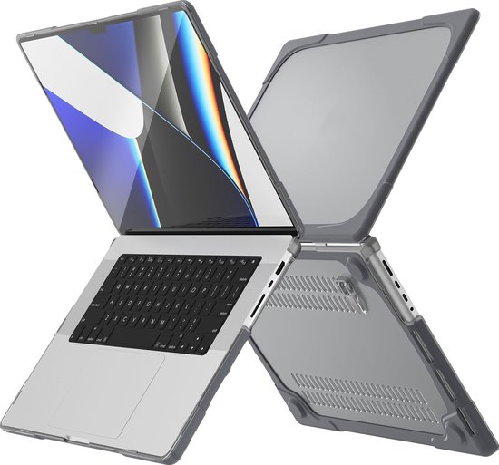Grijze hardshell laptopcover voor MacBook Pro 14 inch, met opengeklapt scherm en toetsenbord.