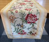 Tafelloper - luxe gobelinstof - Amara - Closed design - Rode en Paarse bloemen op een creme achtergrond - Loper 100 cm