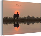 Wanddecoratie Metaal - Aluminium Schilderij Industrieel - Een olifant bij een rijstveld in Thailand tijdens een zonsondergang - 180x120 cm - Dibond - Foto op aluminium - Industriële muurdecoratie - Voor de woonkamer/slaapkamer