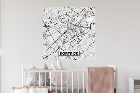 Stickers muraux - Zwart Wit - België - Carte - Plan de la ville - Carte - Courtrai - 50x50 cm - Feuille adhésive