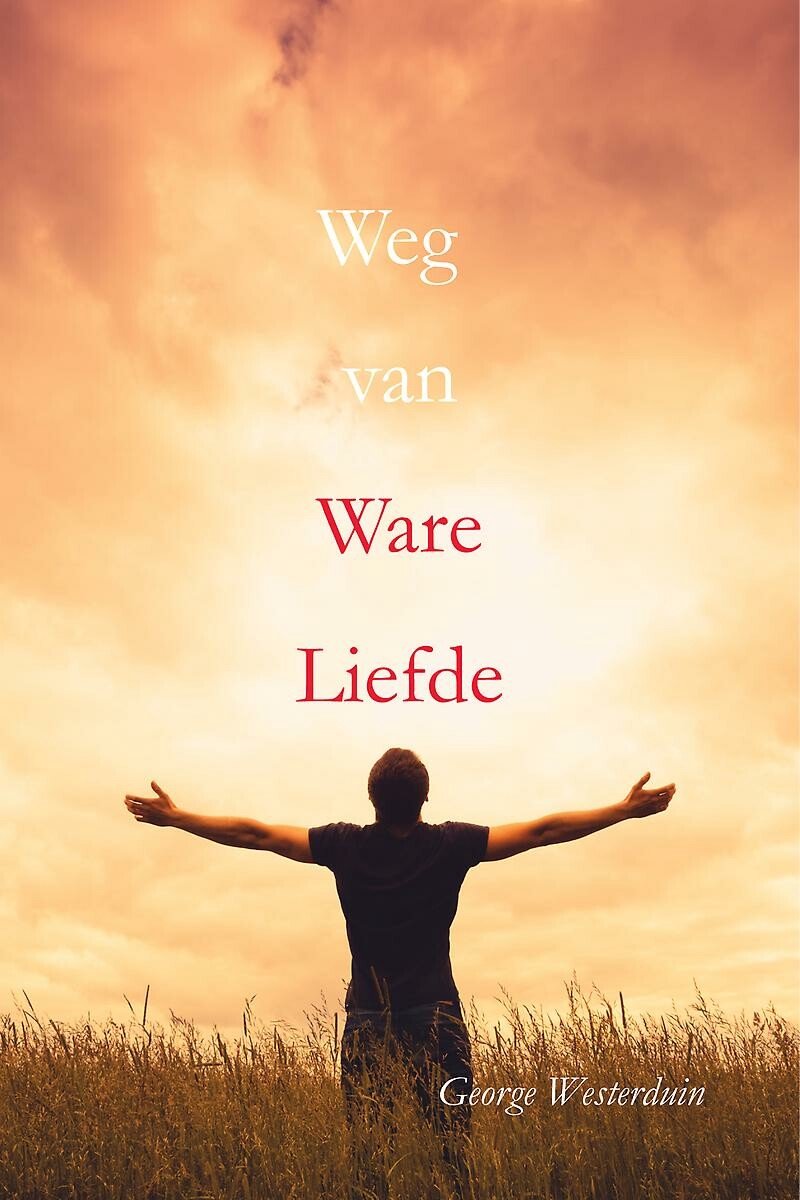 Boekomslag 'Weg van Ware Liefde' met een man die met open armen staat in een veld met hoog gras tegen een zonsondergang.