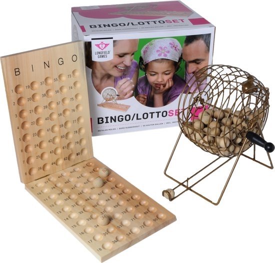 Bingo-Lotto Set Compleet – 90 Ballen, Houten Controlebord & Bingokaarten – Bingomolen Metalen – Korf Ø 18 cm – Spel voor 3+ Spelers – Longfield Games