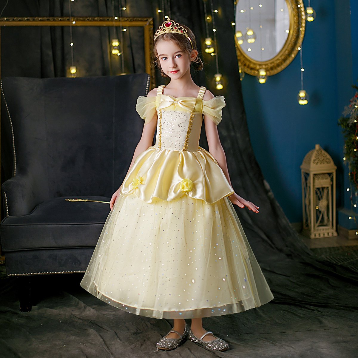 Joya Kids® Gele Verkleedjurk | Prinsessen Jurk | Prinses & het Beest verkleedkleding | (130) + kroon, Staf, Handschoenen, Ketting, Ring & Oorbellen | Sinterklaas kado cadeau meisje — afbeelding 6