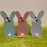3 Paashaasjes met Pompomstaart - Pasen - Paashaas - Paasdecoratie - Paasversiering - Roze Groen en Blauw
