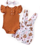 Baby meisjes pakje maat 80 | bruin karamel | gebloemd | romper, bloemshort + haarband / hoofdband | set | babyset | kledingset | 3delig pakje |