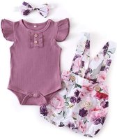 Baby meisjes pakje maat 80 | violet paars lilac | gebloemd | romper, bloemshort + haarband / hoofdband | set | babyset | kledingset | 3delig pakje |