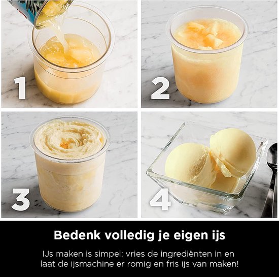 Vier stappen: 1. Ingrediënten in beker, 2. Mixen, 3. IJsvorming, 4. Geserveerd ijs.