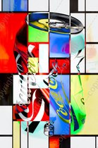 JJ-Art (Canvas) 90x60 | Gedeukt blikje frisdrank in Mondriaan stijl - popart - woonkamer - slaapkamer | abstract, drank, modern, rood, geel, blauw, wit | Foto-Schilderij print (wanddecoratie) | KIES JE MAAT