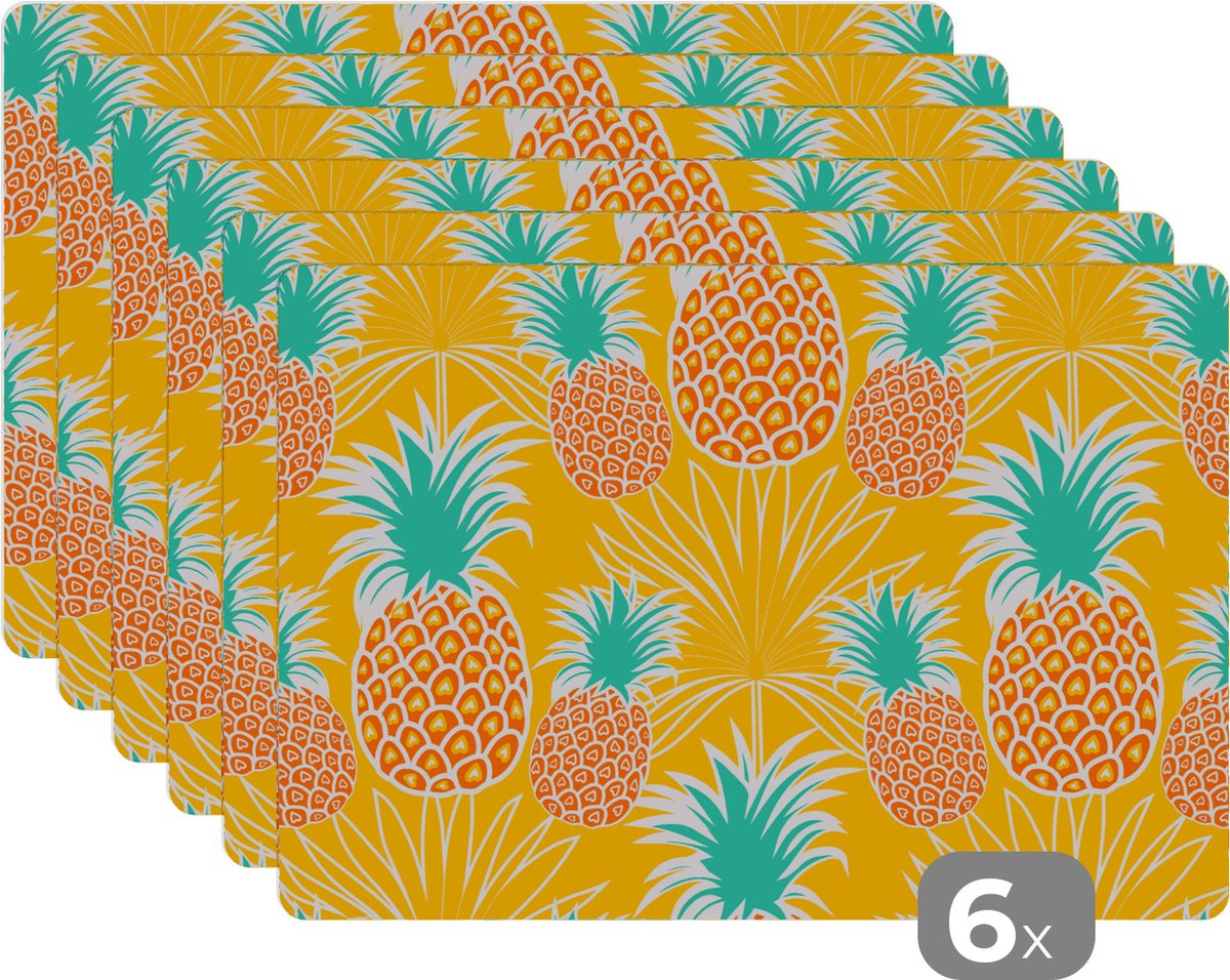 Placemat - Placemats kunststof - Jungle - Ananas - Fruit - Design - 45x30 cm - 6 stuks - Hittebestendig - Anti-Slip - Onderlegger - Afneembaar