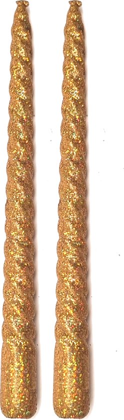 &Klevering hippe leuke gouden glitter swirl gedraaide dinerkaarsen 2 stuks 26 cm