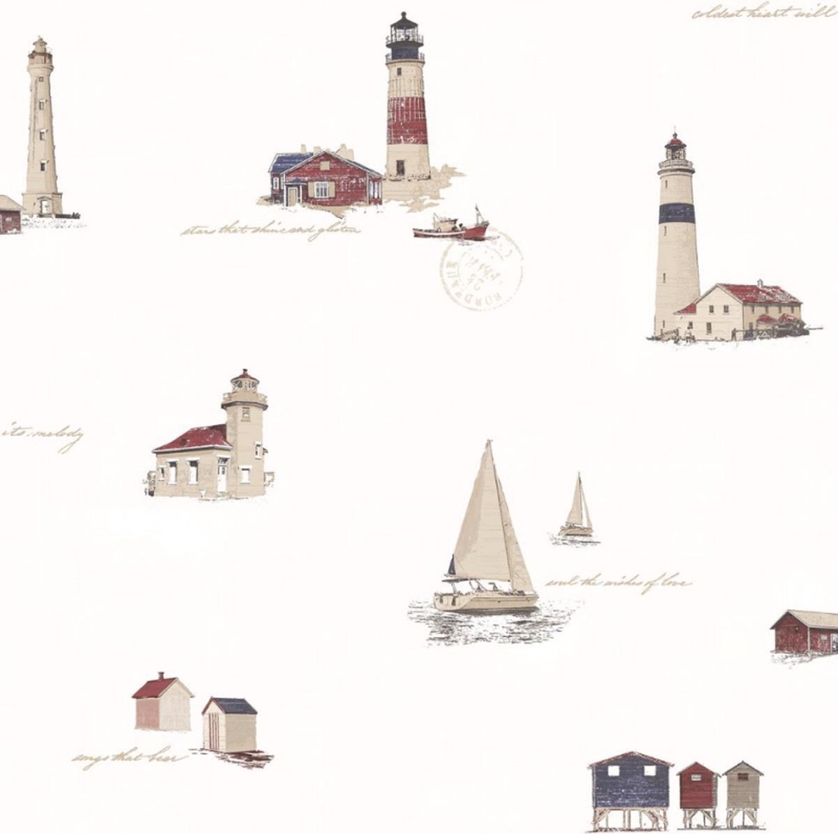 Behang zeilboten en vuurtoren - illustratie - zeevaart - kust - zee - Vliesbehang - 0,53 x 10 M. - Deauville
