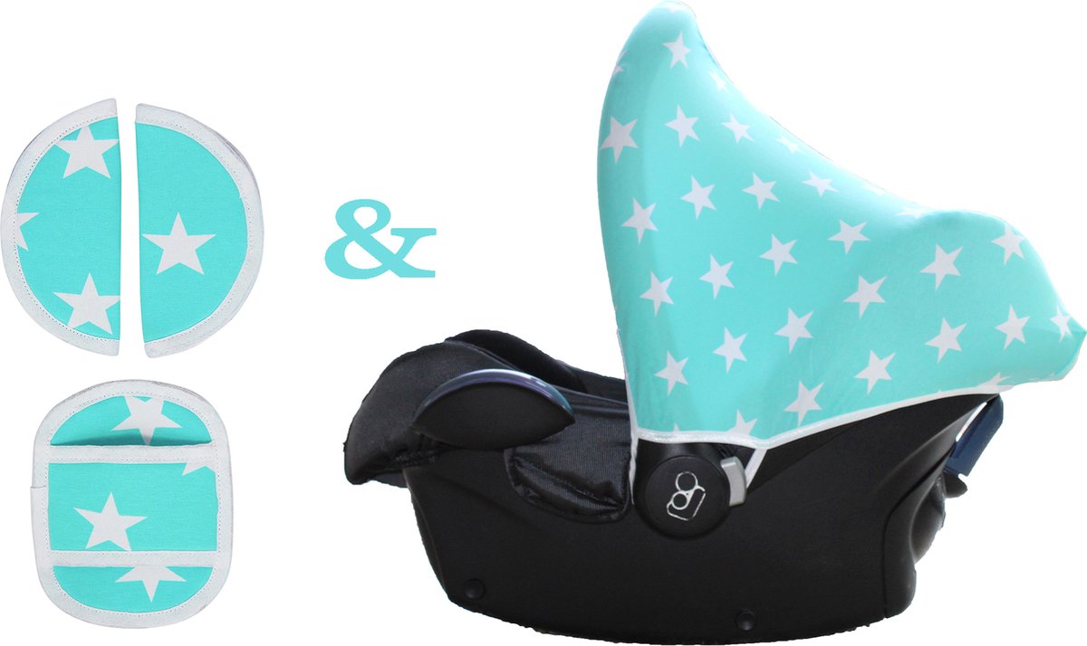 Wallabiezzz Maxi Cosi Zonnekap met Gordelbeschermer - Voordeelverpakking - Mintgroen Sterren
