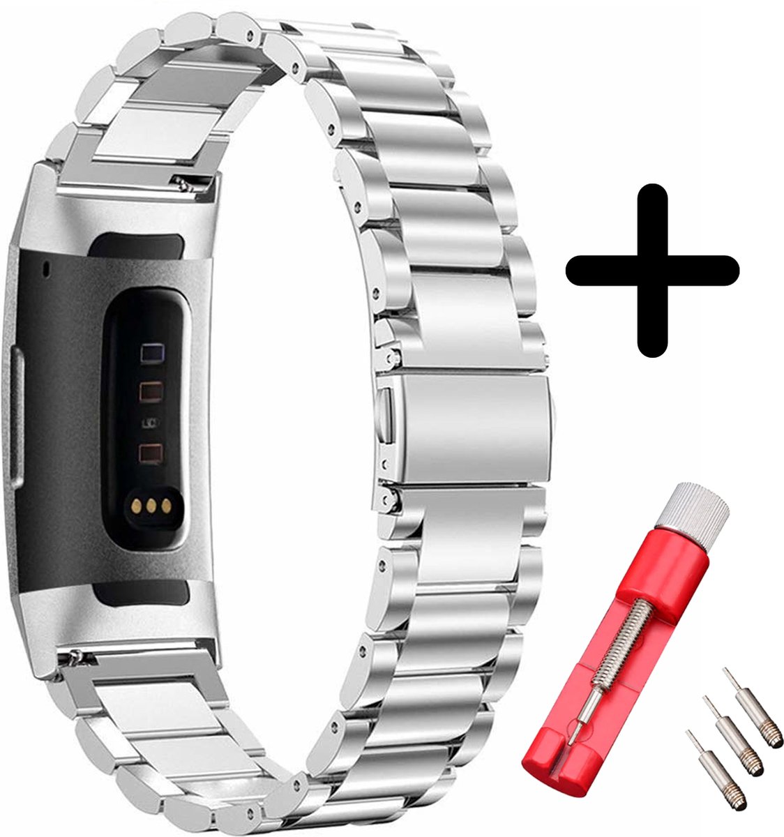 Strap-it Bandje staal zilver + toolkit geschikt voor Fitbit Charge 3 / 4