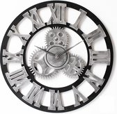LW Collection Wandklok grijs zwart 40cm - Houten klok met tandwielen romeinse cijfers - Industriële wandklok stil uurwerk