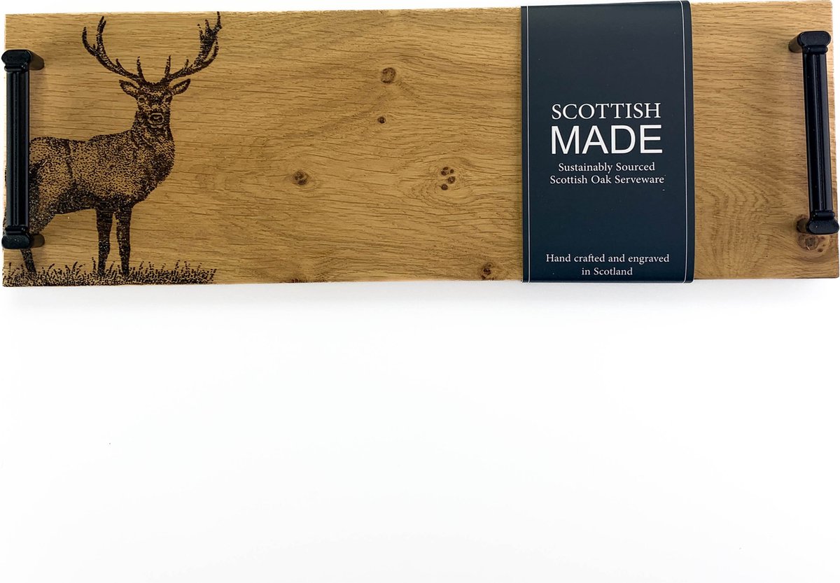 Serveerplank met stalen handvatten Koninklijke Edelhert - 45x15 - Schots Eikenhout - Scottish Made