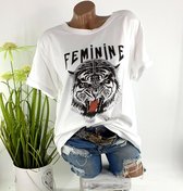 Katoenen zomer t-shirt met print "Feminine" "Tijger" made in Italy maat 40 42 44 kleur wit