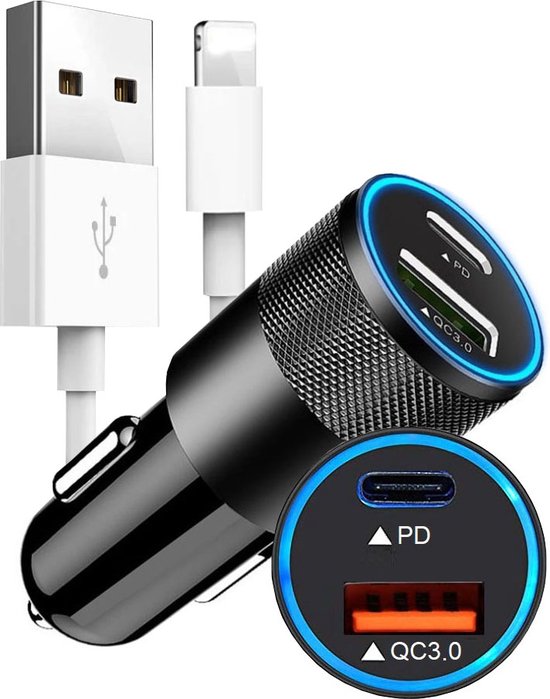 Autolader USB A & USB C + Kabel geschikt voor iPhone - Auto oplader USB geschikt voor lightning - USB C autolader 2 poorten - Auto lader - Sigarettenaansteker USB oplader auto - Snellader