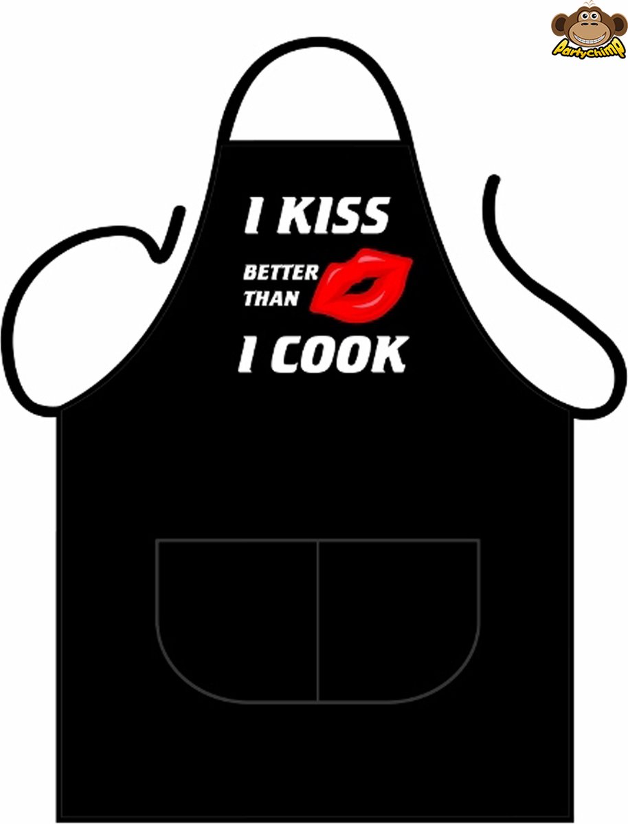 Partychimp BBQ Barbecue Schort 'I Kiss Better Then I Cook' - 80 x 56 cm - Polykatoen - Zwart