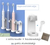 Happy Goodz kwalitatieve Elektrische tandenborstelhouders WIT/creme 1 stuk + 1 opzet beschermkapje- zonder boren - geschikt voor Oral B Toothbrush - Zelfklevend hangende houder voor elektrische tandenborstels - tandenborstelhouder- standaard