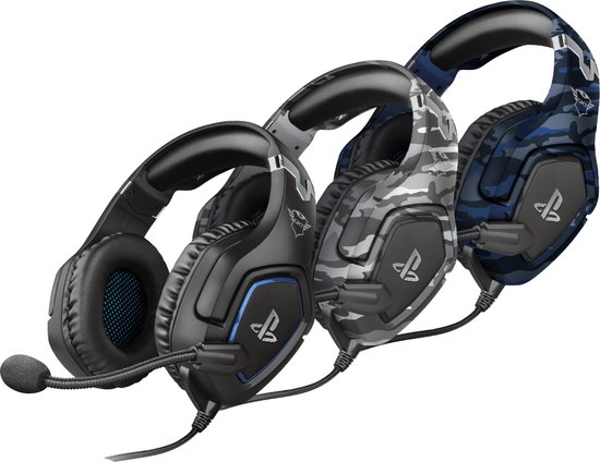Drie gaming headsets met camouflage patroon in grijs, donkergrijs en blauw.