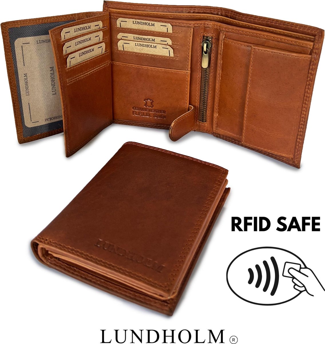 Lundholm Portemonnee heren luxe leer RFID anti-skim - Billfold Cognac - Lundholm