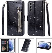 Glitter Bookcase voor Samsung Galaxy S22 Plus | Hoogwaardig PU Leren Hoesje | Lederen Wallet Case | Telefoonhoesje | Pasjeshouder | Portemonnee | Zwart