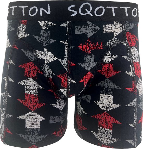 Boxershorts noirs avec un motif de flèches rouges, grises et blanches et le texte "SQOTTON SQOTTON".