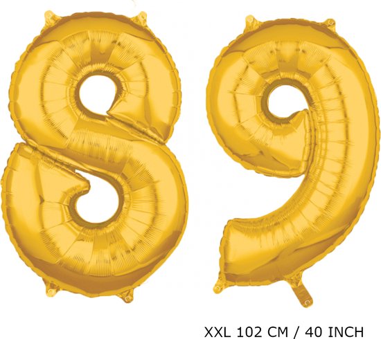 Mega grote XXL gouden folie ballon cijfer 89 jaar. Leeftijd verjaardag 89 jaar. 102 cm 40 inch. Met rietje om ballonnen mee op te blazen.
