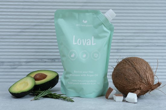 OP=OP - Loval - Starterset - Organische shampoo met argan olie (navulzak 450ML) en Loval hervulbare bamboe dispensers (200ML) - Shampoo en Conditioner zonder sulfaten, parabenen, siliconen en minerale olieën