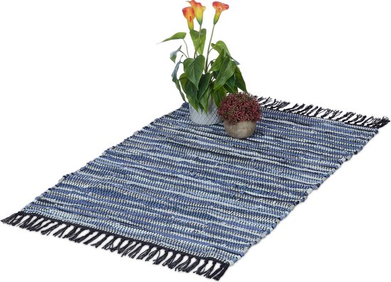 Relaxdays vloerkleed - leder en katoen - binnenkleed - 60 x 100 cm - chill mat - tapijt - blauw