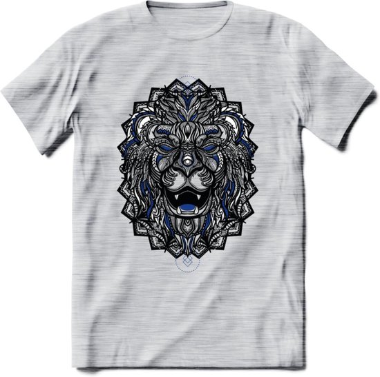 Leeuw - Dieren Mandala T-Shirt | Donkerblauw | Grappig Verjaardag Zentangle Dierenkop Cadeau Shirt | Dames - Heren - Unisex | Wildlife Tshirt Kleding Kado | - Licht Grijs - Gemaleerd - 3XL