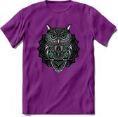 Uil - Dieren Mandala T-Shirt | Aqua | Grappig Verjaardag Zentangle Dierenkop Cadeau Shirt | Dames - Heren - Unisex | Wildlife Tshirt Kleding Kado | - Paars - M