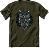 Uil - Dieren Mandala T-Shirt | Aqua | Grappig Verjaardag Zentangle Dierenkop Cadeau Shirt | Dames - Heren - Unisex | Wildlife Tshirt Kleding Kado | - Leger Groen - XXL