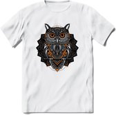 Uil - Dieren Mandala T-Shirt | Oranje | Grappig Verjaardag Zentangle Dierenkop Cadeau Shirt | Dames - Heren - Unisex | Wildlife Tshirt Kleding Kado | - Wit - XL