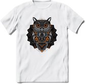 Uil - Dieren Mandala T-Shirt | Oranje | Grappig Verjaardag Zentangle Dierenkop Cadeau Shirt | Dames - Heren - Unisex | Wildlife Tshirt Kleding Kado | - Wit - S