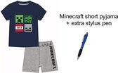 Minecraft Short Pyjama - Blauw/grijs - 100% Katoen. Maat 134 cm / 9 jaar + EXTRA 1 Stylus Pen.