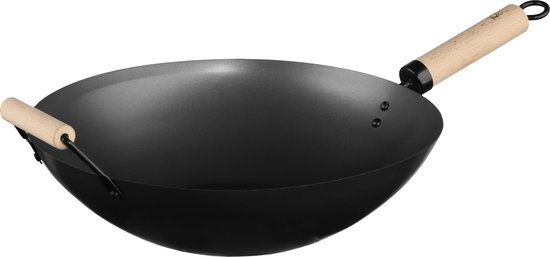 London Wok Wokpan metaal/hout met ronde bodem | 38()x19,5(h)cm