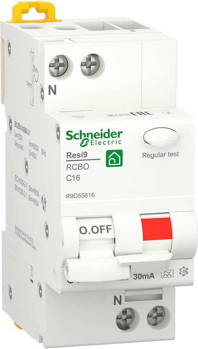 Aardlekautomaat - 1P+N - 16A - C-Karakteristiek - 6000A - 30mA - Type A - Resi9 - Schneider Electric - R9D55616