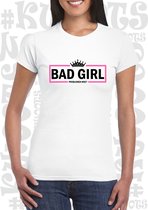 BADGIRL PROBLEMEN MEE? damesshirt – Wit met zwart & roze - Maat M - korte mouwen - Ronde hals - Grappige teksten & Designs - quotes - kwoots - humor - Aansluitende zijnaden